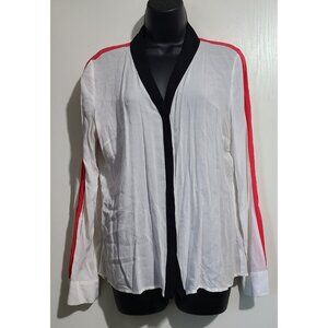 Worthington Button Down V-Neck Long Sleeve Blouse White Black Pink Size L